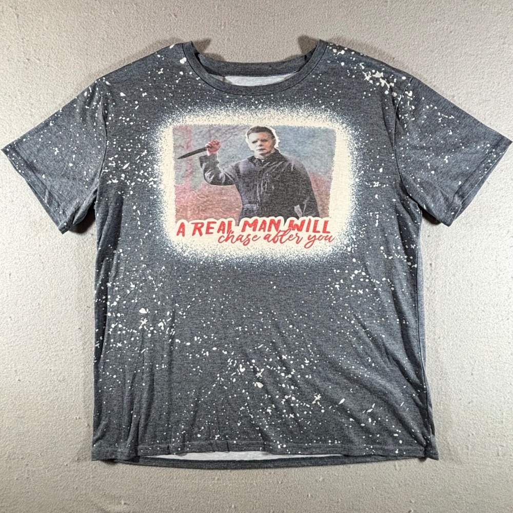 Michael Myers Halloween Graphic T-Shirt Mens XL Grey Bleached Splatter Horror